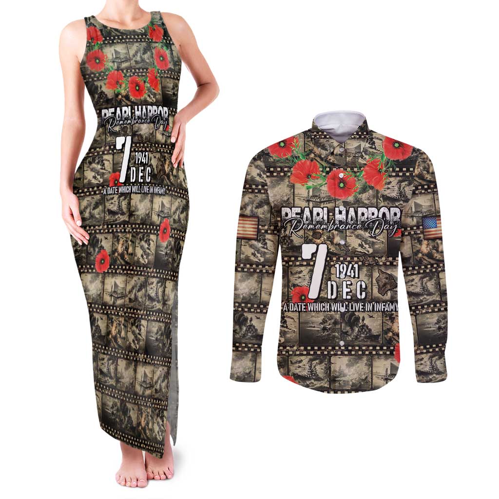 Pearl Harbor Remembrance Day Personalized Couples Matching Tank Maxi Dress and Long Sleeve Button Shirt Memories of December 7 with Red Poppy Lei - Polynesian Pride