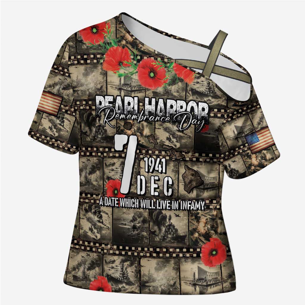 Pearl Harbor Remembrance Day Personalized Cross Shoulder Shirt Memories of December 7 with Red Poppy Lei LT03 Female Beige - Polynesian Pride