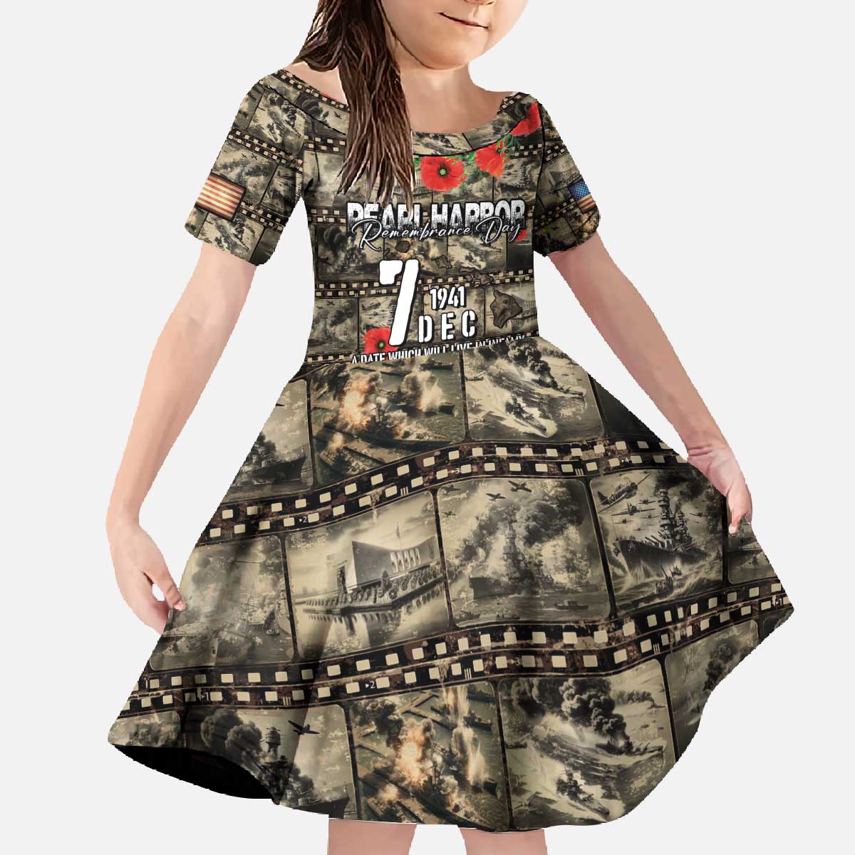 Pearl Harbor Remembrance Day Personalized Family Matching Off The Shoulder Long Sleeve Dress and Hawaiian Shirt Memories of December 7 with Red Poppy Lei - Polynesian Pride