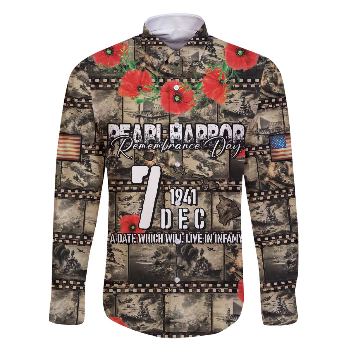 Pearl Harbor Remembrance Day Personalized Family Matching Off The Shoulder Long Sleeve Dress and Hawaiian Shirt Memories of December 7 with Red Poppy Lei - Polynesian Pride