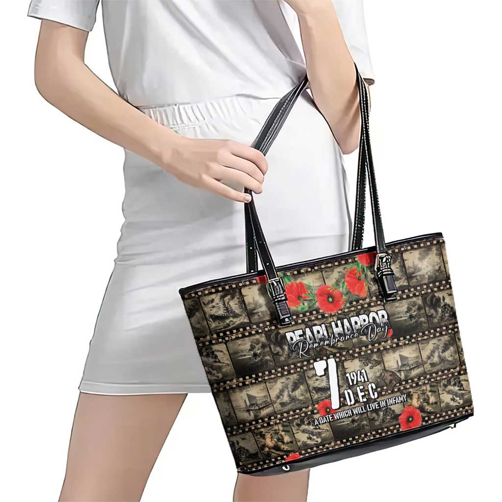 Pearl Harbor Remembrance Day Leather Tote Bag Memories of December 7 with Red Poppy Lei - Polynesian Pride