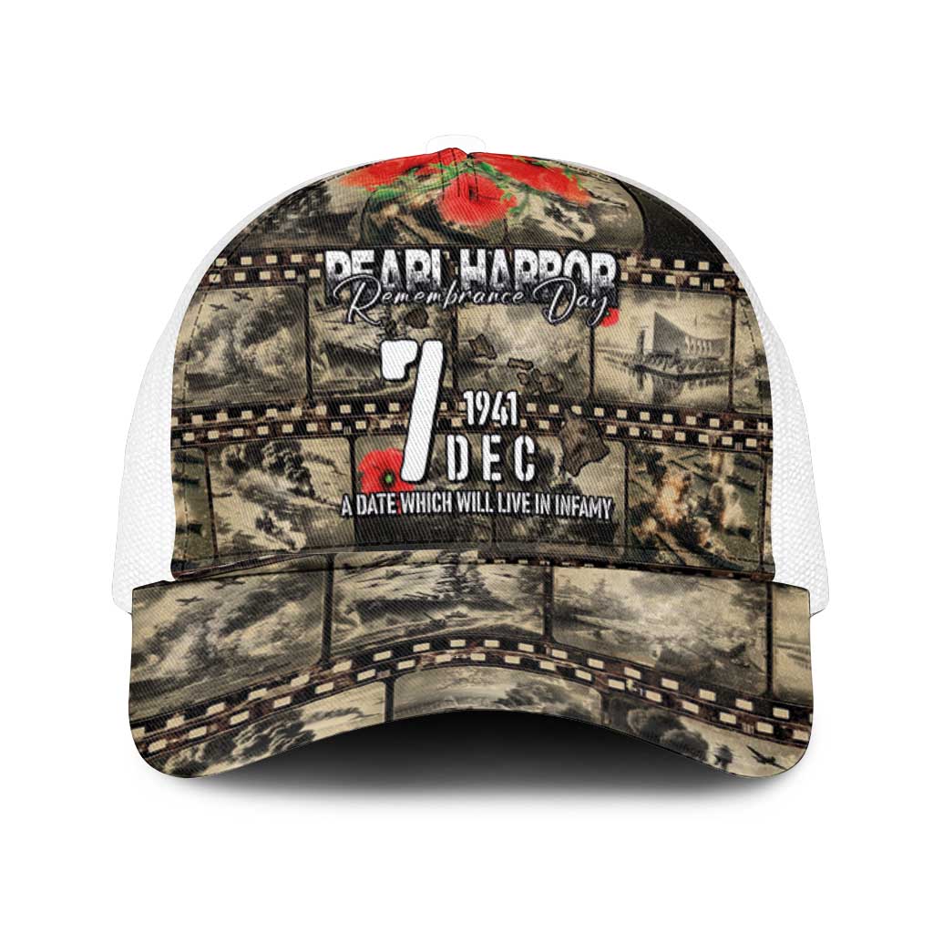 Pearl Harbor Remembrance Day Personalized Mesh Trucker Cap Memories of December 7 with Red Poppy Lei - Polynesian Pride