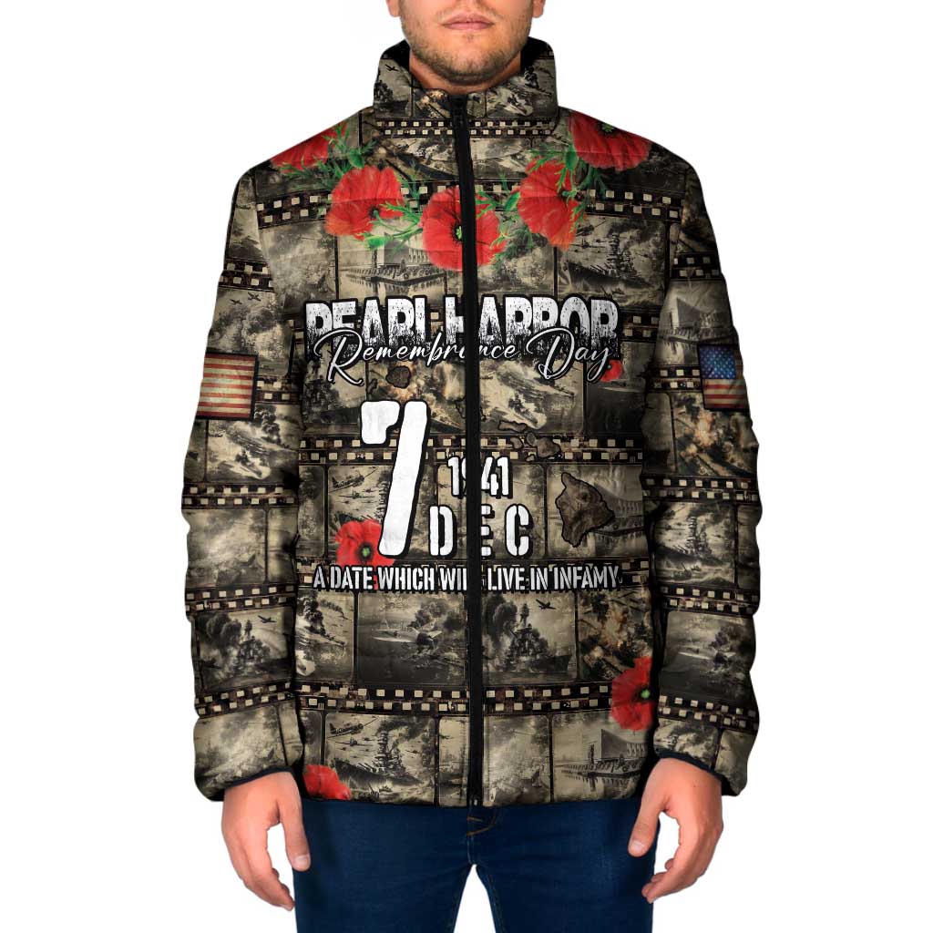 Pearl Harbor Remembrance Day Personalized Padded Jacket Memories of December 7 with Red Poppy Lei LT03 Men Beige - Polynesian Pride