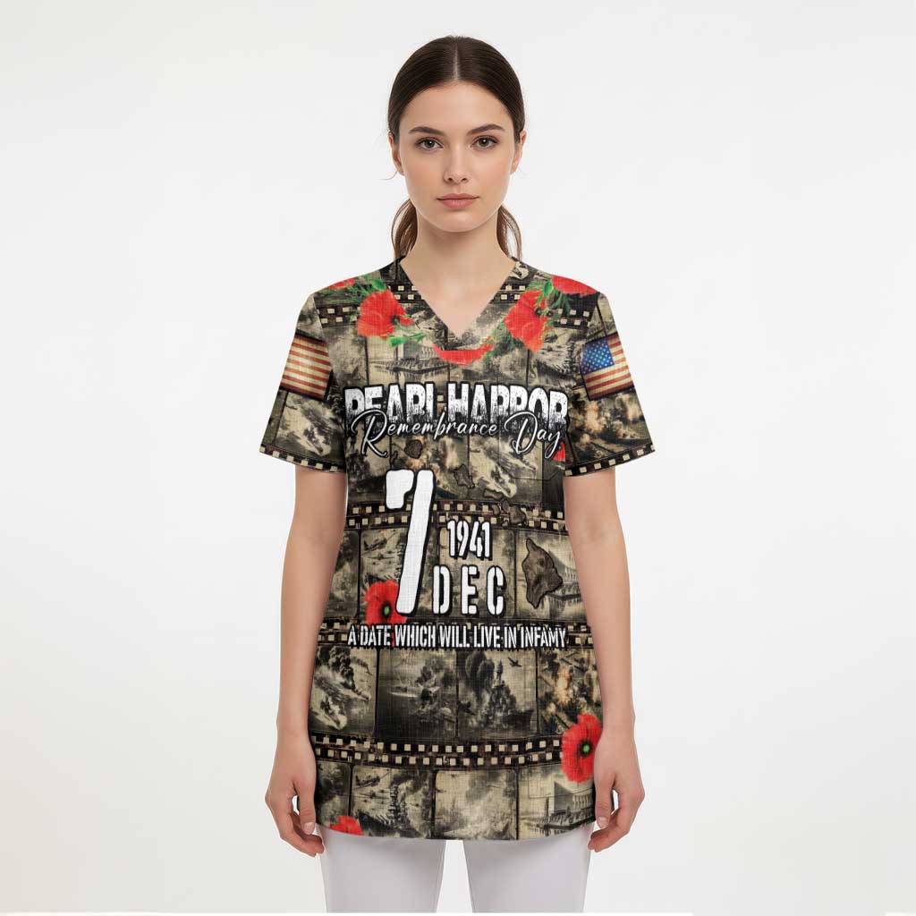 Pearl Harbor Remembrance Day Personalized Scrub Top Memories of December 7 with Red Poppy Lei LT03 - Polynesian Pride