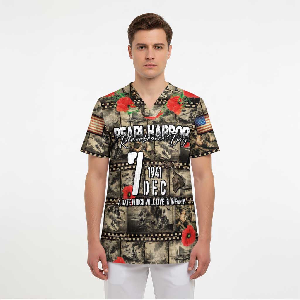Pearl Harbor Remembrance Day Personalized Scrub Top Memories of December 7 with Red Poppy Lei LT03 - Polynesian Pride