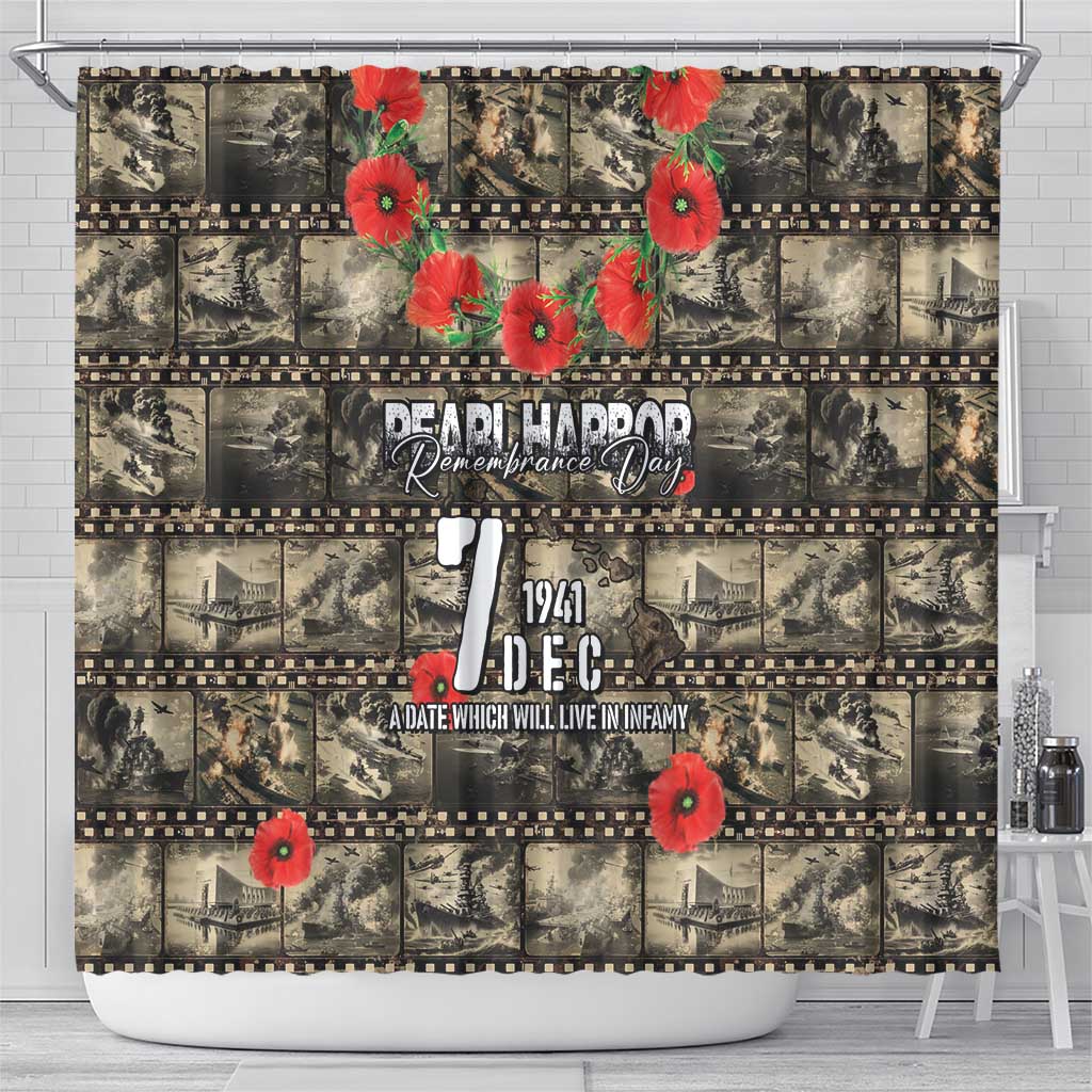 Pearl Harbor Remembrance Day Shower Curtain Memories of December 7 with Red Poppy Lei - Polynesian Pride
