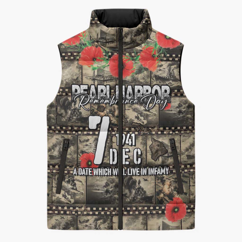 Pearl Harbor Remembrance Day Personalized Sleeveless Puffer Jacket Memories of December 7 with Red Poppy Lei - Polynesian Pride