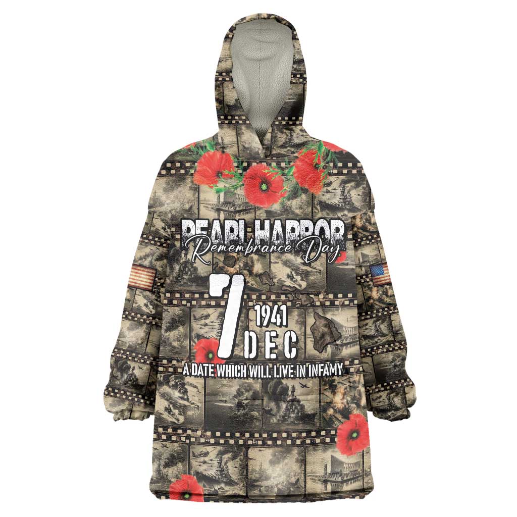 Pearl Harbor Remembrance Day Personalized Wearable Blanket Hoodie Memories of December 7 with Red Poppy Lei LT03 One Size Beige - Polynesian Pride