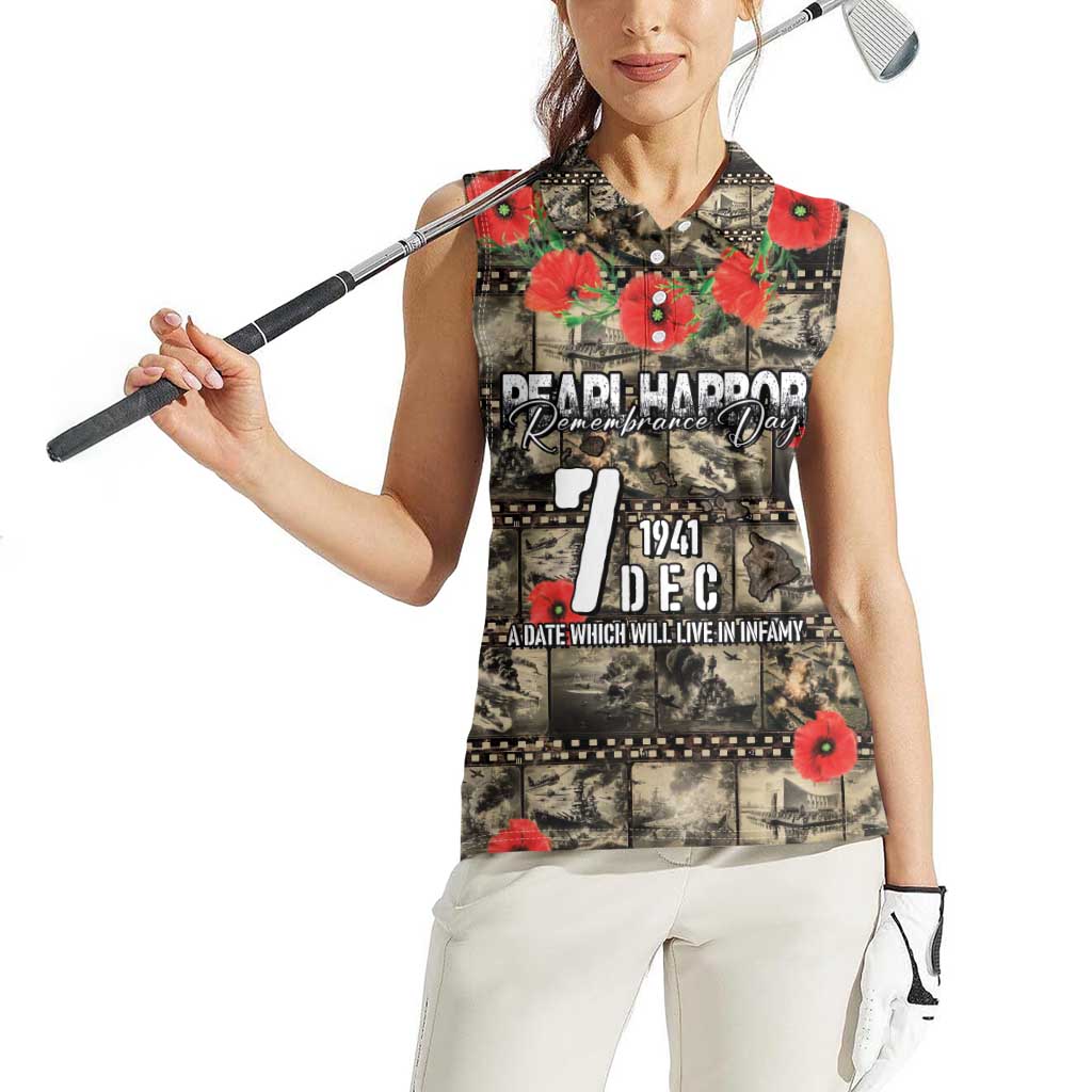Pearl Harbor Remembrance Day Personalized Women Sleeveless Polo Shirt Memories of December 7 with Red Poppy Lei - Polynesian Pride