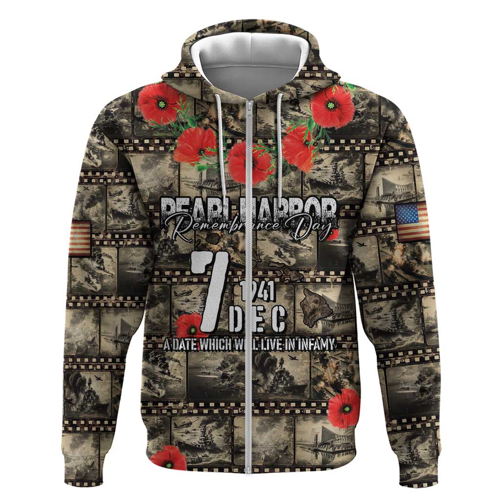 Pearl Harbor Remembrance Day Personalized Zip Hoodie Memories of December 7 with Red Poppy Lei - Polynesian Pride