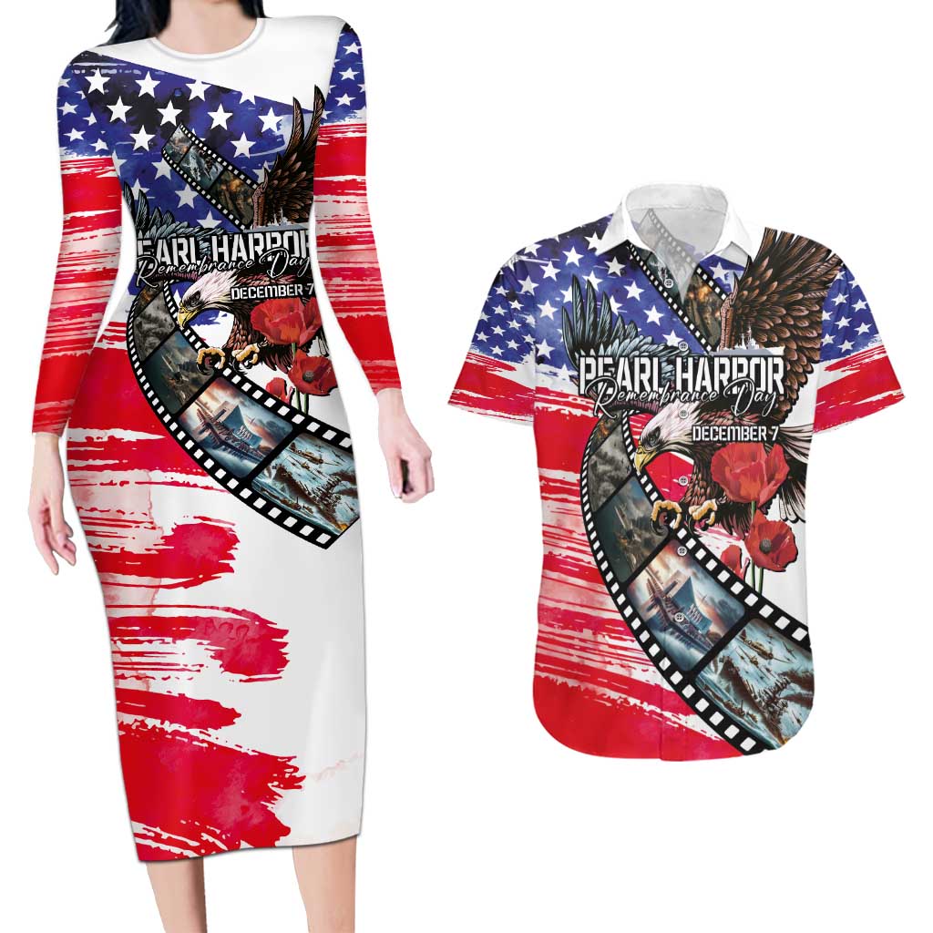Pearl Harbor Remembrance Day Personalized Couples Matching Long Sleeve Bodycon Dress and Hawaiian Shirt Lest We Forget - The Bald Eagle Remembers LT03 White - Polynesian Pride
