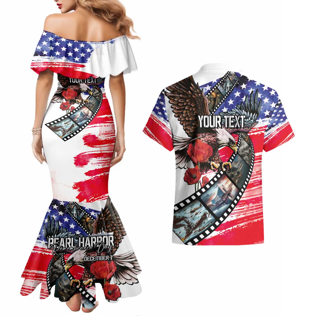 Pearl Harbor Remembrance Day Personalized Couples Matching Mermaid Dress and Hawaiian Shirt Lest We Forget - The Bald Eagle Remembers LT03 - Polynesian Pride