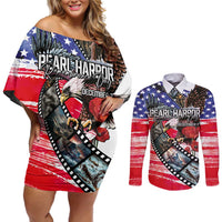 Pearl Harbor Remembrance Day Personalized Couples Matching Off Shoulder Short Dress and Long Sleeve Button Shirt Lest We Forget - The Bald Eagle Remembers LT03 White - Polynesian Pride