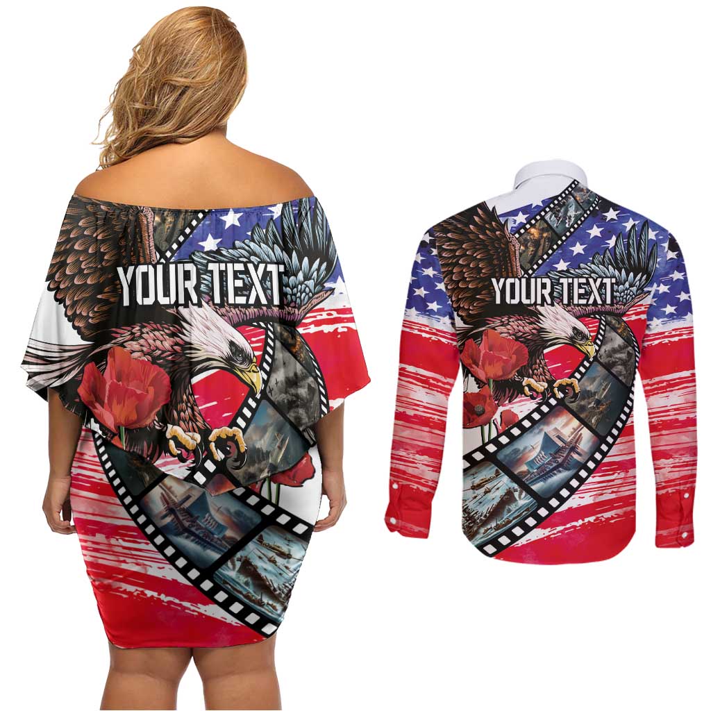 Pearl Harbor Remembrance Day Personalized Couples Matching Off Shoulder Short Dress and Long Sleeve Button Shirt Lest We Forget - The Bald Eagle Remembers LT03 - Polynesian Pride