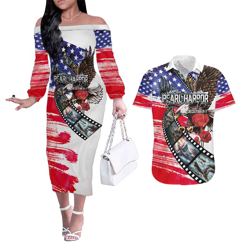 Pearl Harbor Remembrance Day Personalized Couples Matching Off The Shoulder Long Sleeve Dress and Hawaiian Shirt Lest We Forget - The Bald Eagle Remembers LT03 White - Polynesian Pride