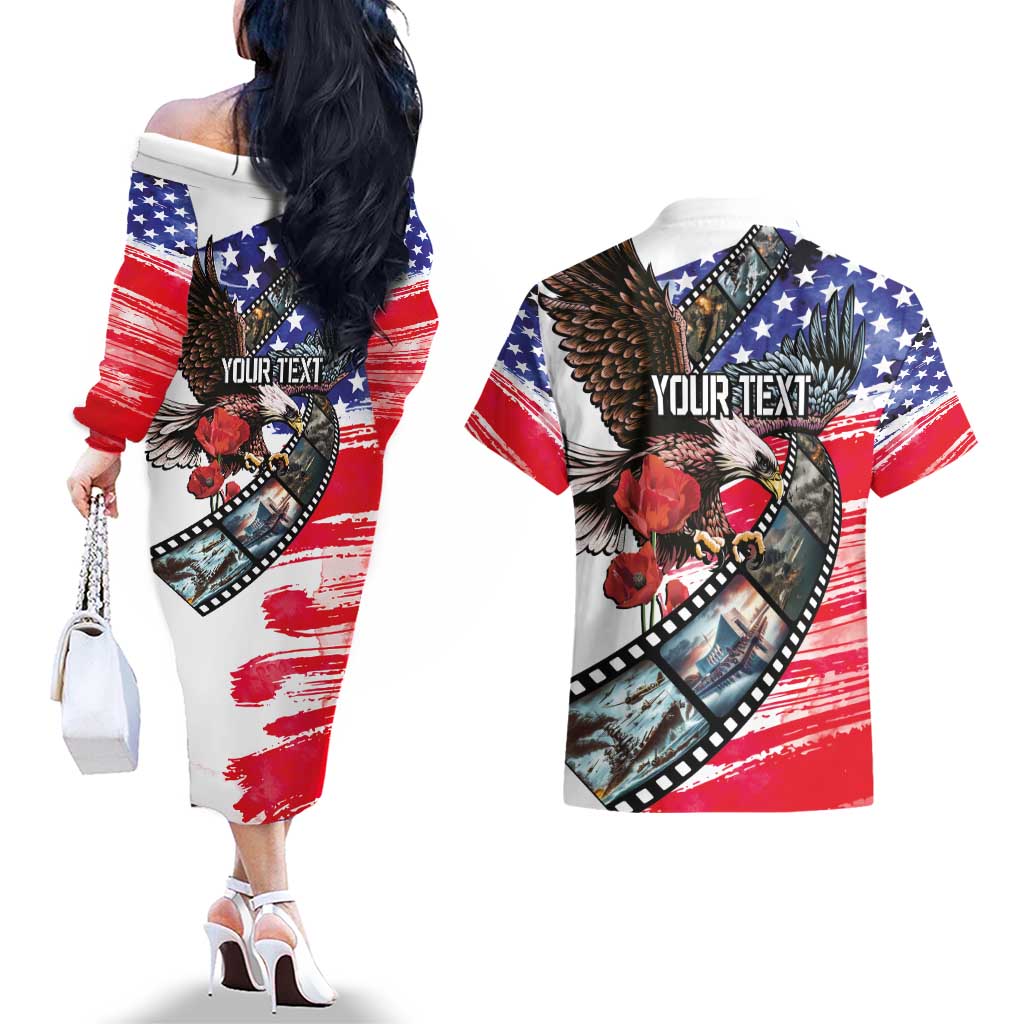Pearl Harbor Remembrance Day Personalized Couples Matching Off The Shoulder Long Sleeve Dress and Hawaiian Shirt Lest We Forget - The Bald Eagle Remembers LT03 - Polynesian Pride
