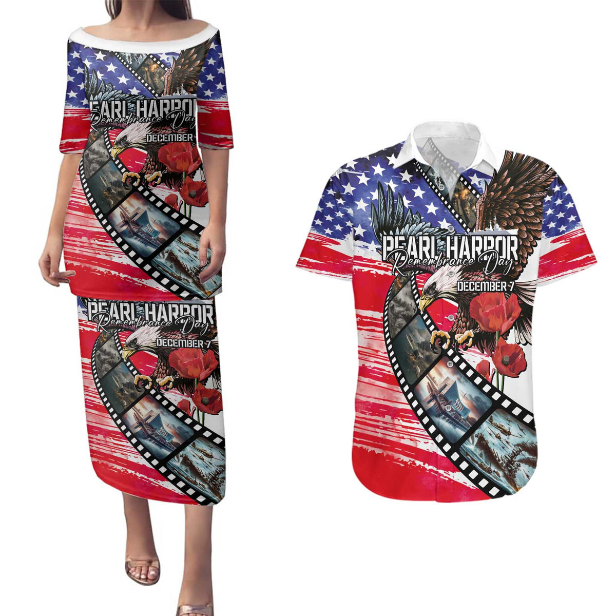 Pearl Harbor Remembrance Day Personalized Couples Matching Puletasi and Hawaiian Shirt Lest We Forget - The Bald Eagle Remembers LT03 White - Polynesian Pride