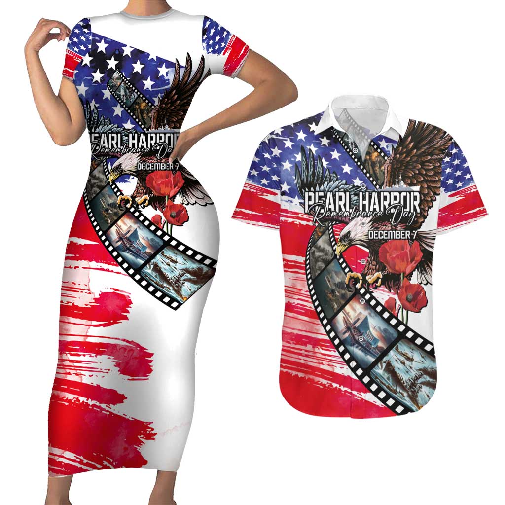Pearl Harbor Remembrance Day Personalized Couples Matching Short Sleeve Bodycon Dress and Hawaiian Shirt Lest We Forget - The Bald Eagle Remembers LT03 White - Polynesian Pride
