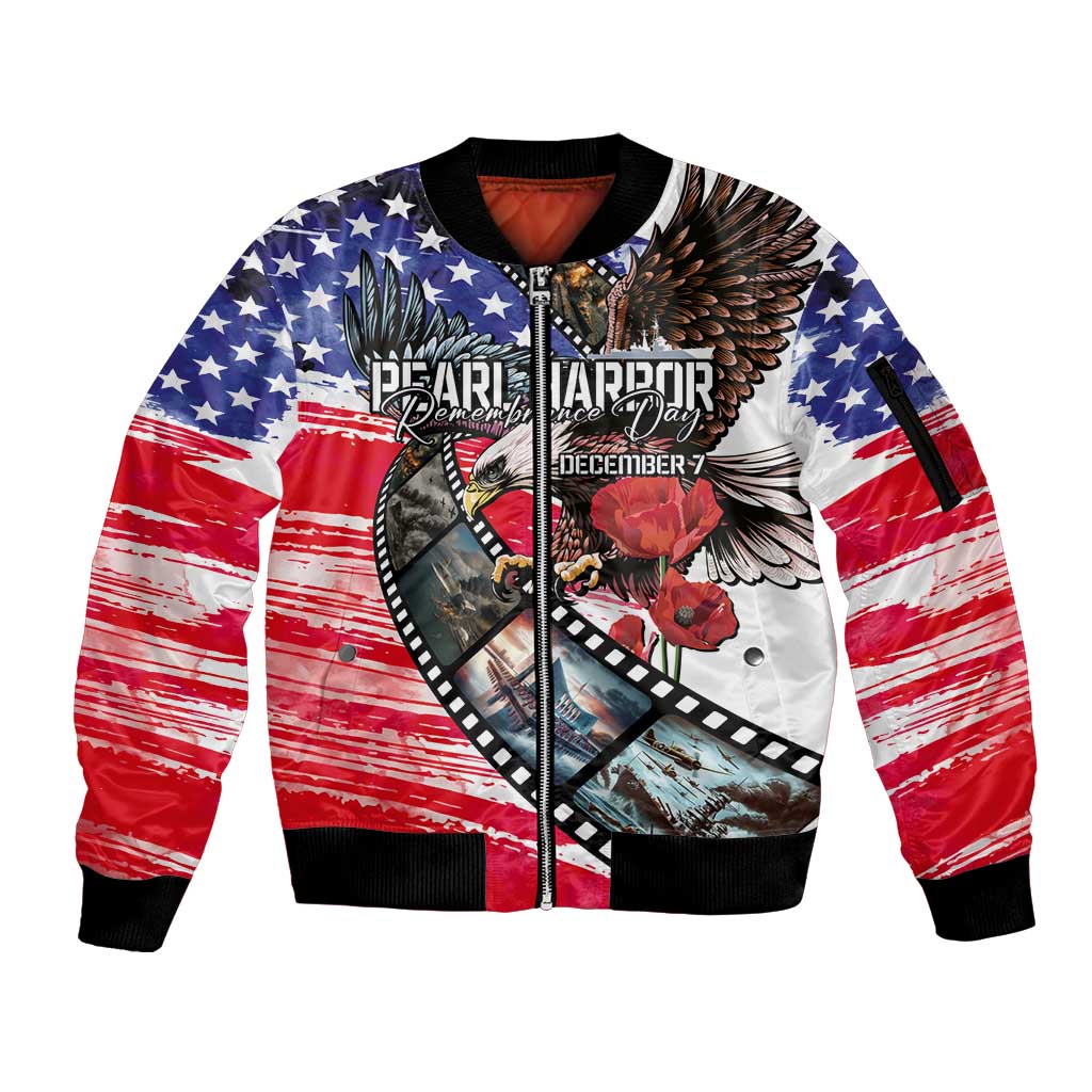 Pearl Harbor Remembrance Day Personalized Sleeve Zip Bomber Jacket Lest We Forget - The Bald Eagle Remembers - Polynesian Pride