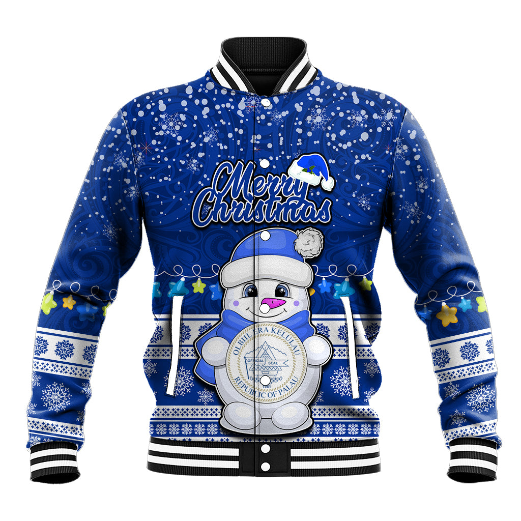 Palau Christmas Baseball Jacket Snowman Hugs Palau Coat of Arms Maori Pattern Blue Style LT03 Unisex Blue - Polynesian Pride