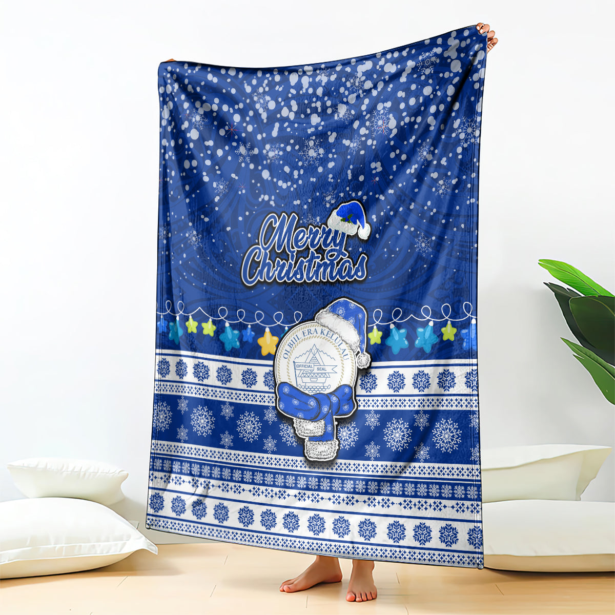 Palau Christmas Blanket Snowman Hugs Palau Coat of Arms Maori Pattern Blue Style LT03 Blue - Polynesian Pride