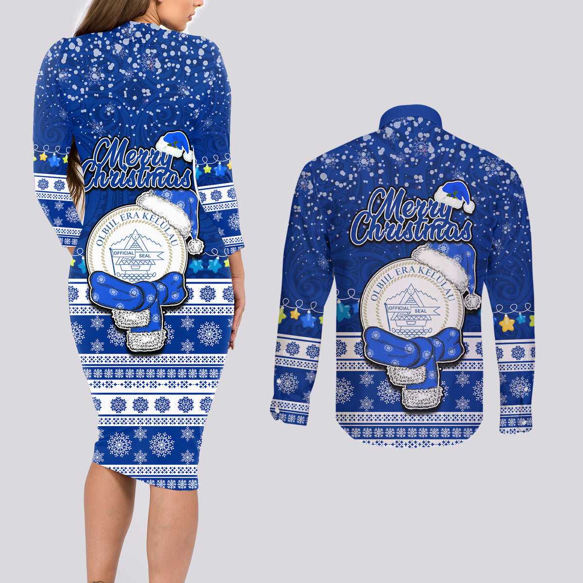 Palau Christmas Couples Matching Long Sleeve Bodycon Dress and Long Sleeve Button Shirt Snowman Hugs Palau Coat of Arms Maori Pattern Blue Style LT03 - Polynesian Pride