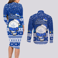 Palau Christmas Couples Matching Long Sleeve Bodycon Dress and Long Sleeve Button Shirt Snowman Hugs Palau Coat of Arms Maori Pattern Blue Style LT03 - Polynesian Pride