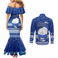 Palau Christmas Couples Matching Mermaid Dress and Long Sleeve Button Shirt Snowman Hugs Palau Coat of Arms Maori Pattern Blue Style LT03 - Polynesian Pride