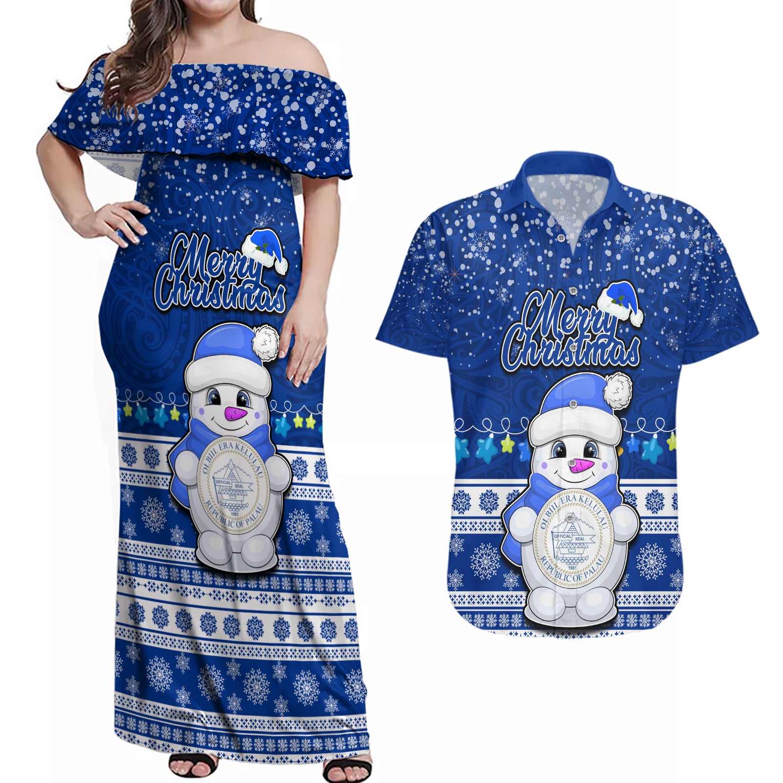 Palau Christmas Couples Matching Off Shoulder Maxi Dress and Hawaiian Shirt Snowman Hugs Palau Coat of Arms Maori Pattern Blue Style LT03 Blue - Polynesian Pride