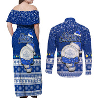 Palau Christmas Couples Matching Off Shoulder Maxi Dress and Long Sleeve Button Shirt Snowman Hugs Palau Coat of Arms Maori Pattern Blue Style LT03 - Polynesian Pride