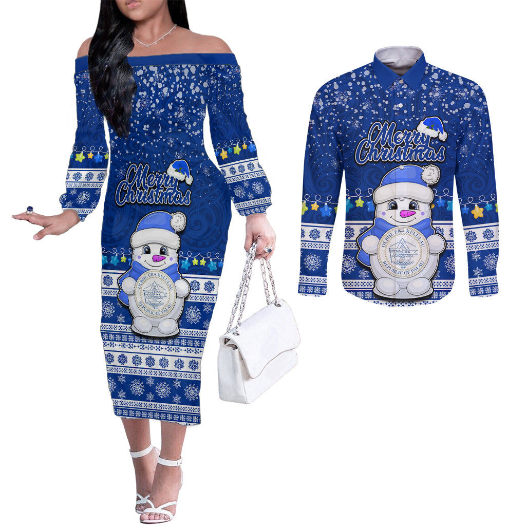 Palau Christmas Couples Matching Off The Shoulder Long Sleeve Dress and Long Sleeve Button Shirt Snowman Hugs Palau Coat of Arms Maori Pattern Blue Style LT03 Blue - Polynesian Pride