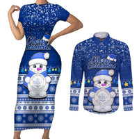Palau Christmas Couples Matching Short Sleeve Bodycon Dress and Long Sleeve Button Shirt Snowman Hugs Palau Coat of Arms Maori Pattern Blue Style LT03 Blue - Polynesian Pride