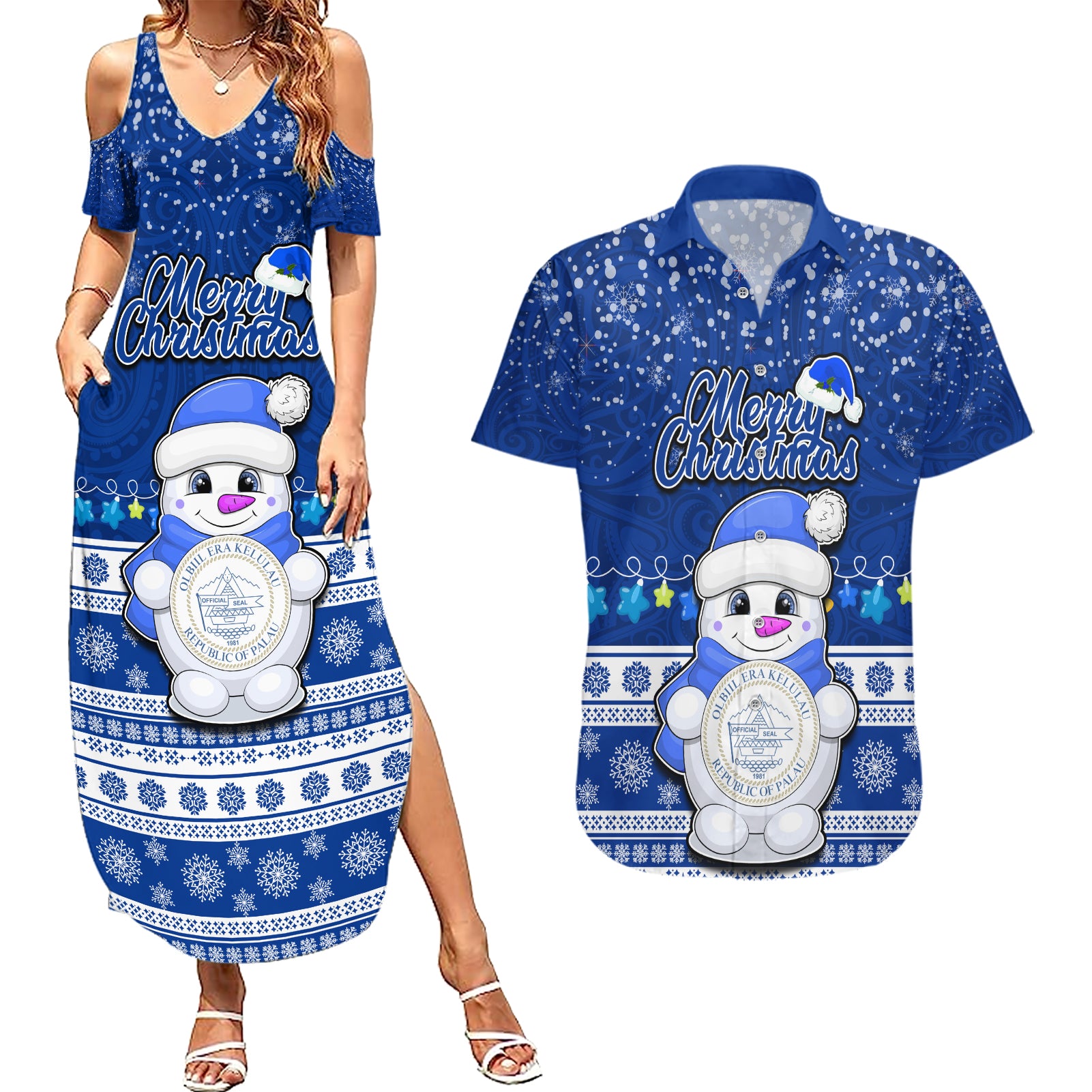 Palau Christmas Couples Matching Summer Maxi Dress and Hawaiian Shirt Snowman Hugs Palau Coat of Arms Maori Pattern Blue Style LT03 Blue - Polynesian Pride