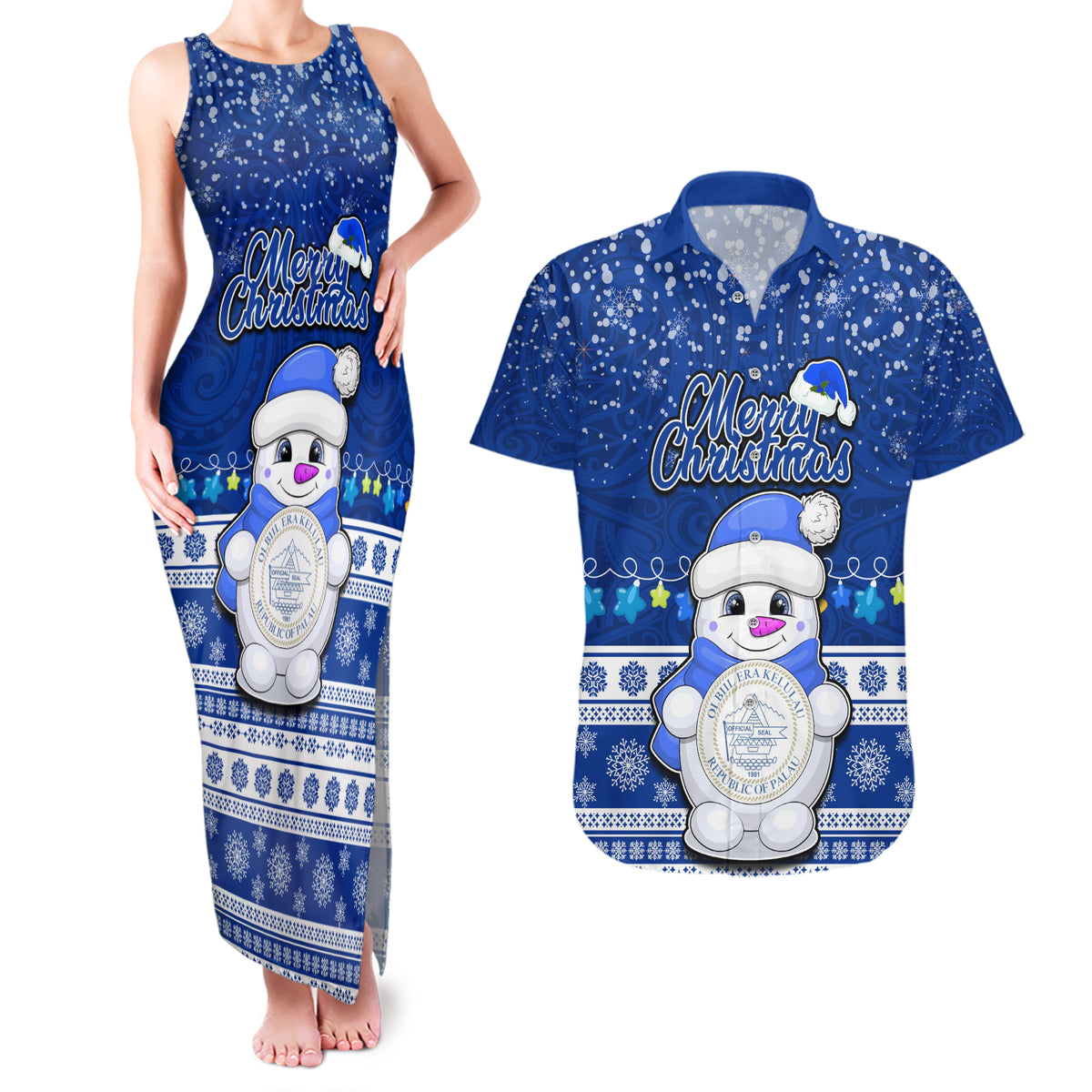 Palau Christmas Couples Matching Tank Maxi Dress and Hawaiian Shirt Snowman Hugs Palau Coat of Arms Maori Pattern Blue Style LT03 Blue - Polynesian Pride