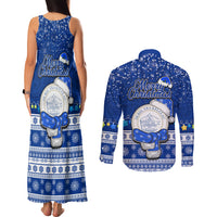 Palau Christmas Couples Matching Tank Maxi Dress and Long Sleeve Button Shirt Snowman Hugs Palau Coat of Arms Maori Pattern Blue Style LT03 - Polynesian Pride