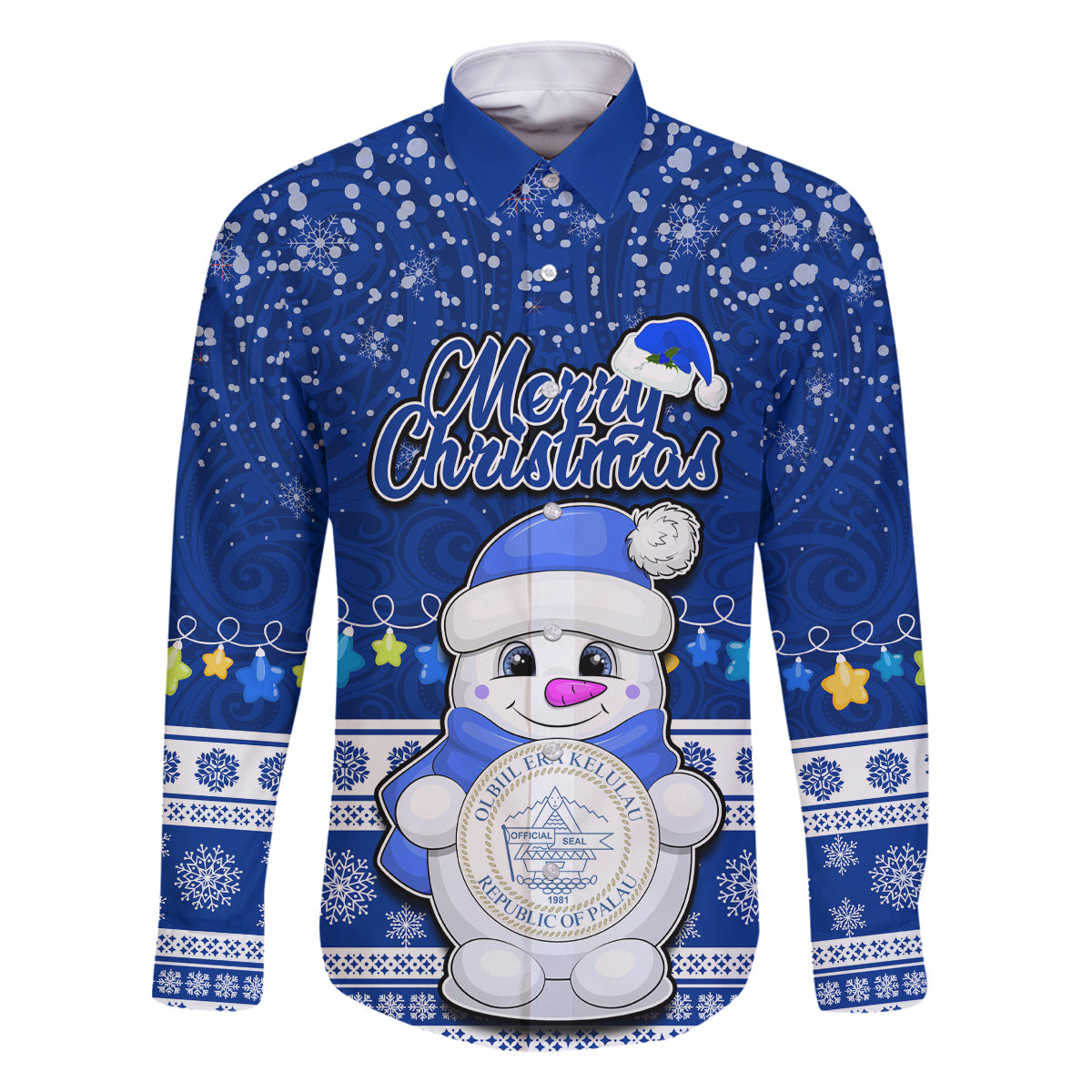 Palau Christmas Family Matching Mermaid Dress and Hawaiian Shirt Snowman Hugs Palau Coat of Arms Maori Pattern Blue Style LT03 Dad's Shirt - Long Sleeve Blue - Polynesian Pride