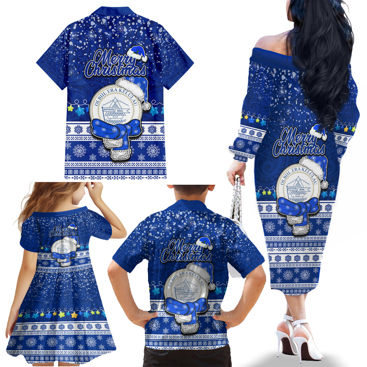 Palau Christmas Family Matching Off Shoulder Long Sleeve Dress and Hawaiian Shirt Snowman Hugs Palau Coat of Arms Maori Pattern Blue Style LT03 - Polynesian Pride