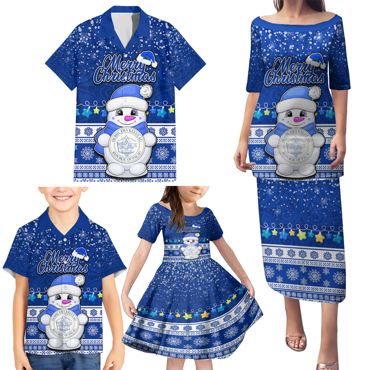 Palau Christmas Family Matching Puletasi Dress and Hawaiian Shirt Snowman Hugs Palau Coat of Arms Maori Pattern Blue Style LT03 - Polynesian Pride