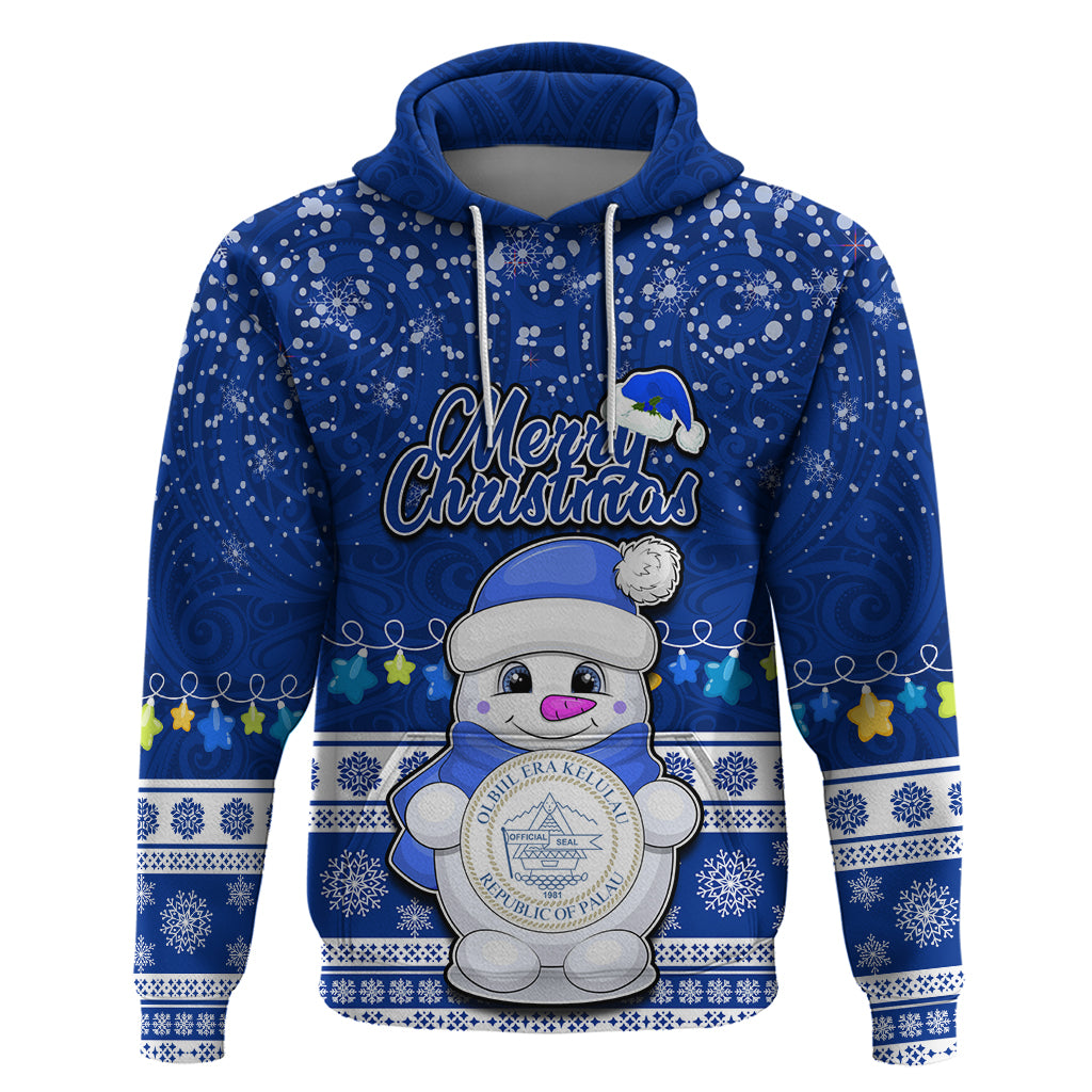 Palau Christmas Hoodie Snowman Hugs Palau Coat of Arms Maori Pattern Blue Style LT03 Blue - Polynesian Pride