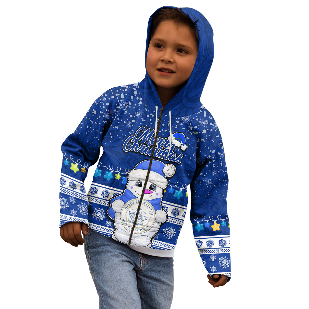 Palau Christmas Kid Hoodie Snowman Hugs Palau Coat of Arms Maori Pattern Blue Style LT03 - Polynesian Pride