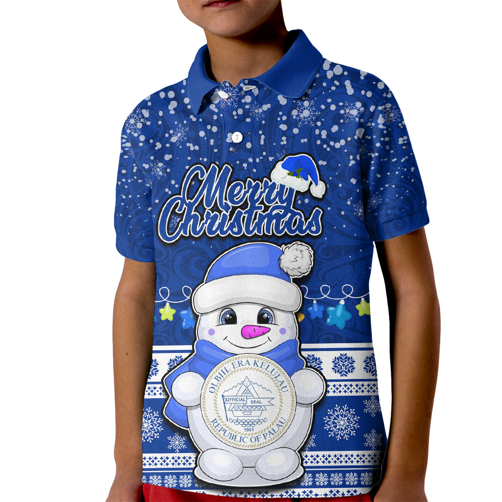 Palau Christmas Kid Polo Shirt Snowman Hugs Palau Coat of Arms Maori Pattern Blue Style LT03 Kid Blue - Polynesian Pride