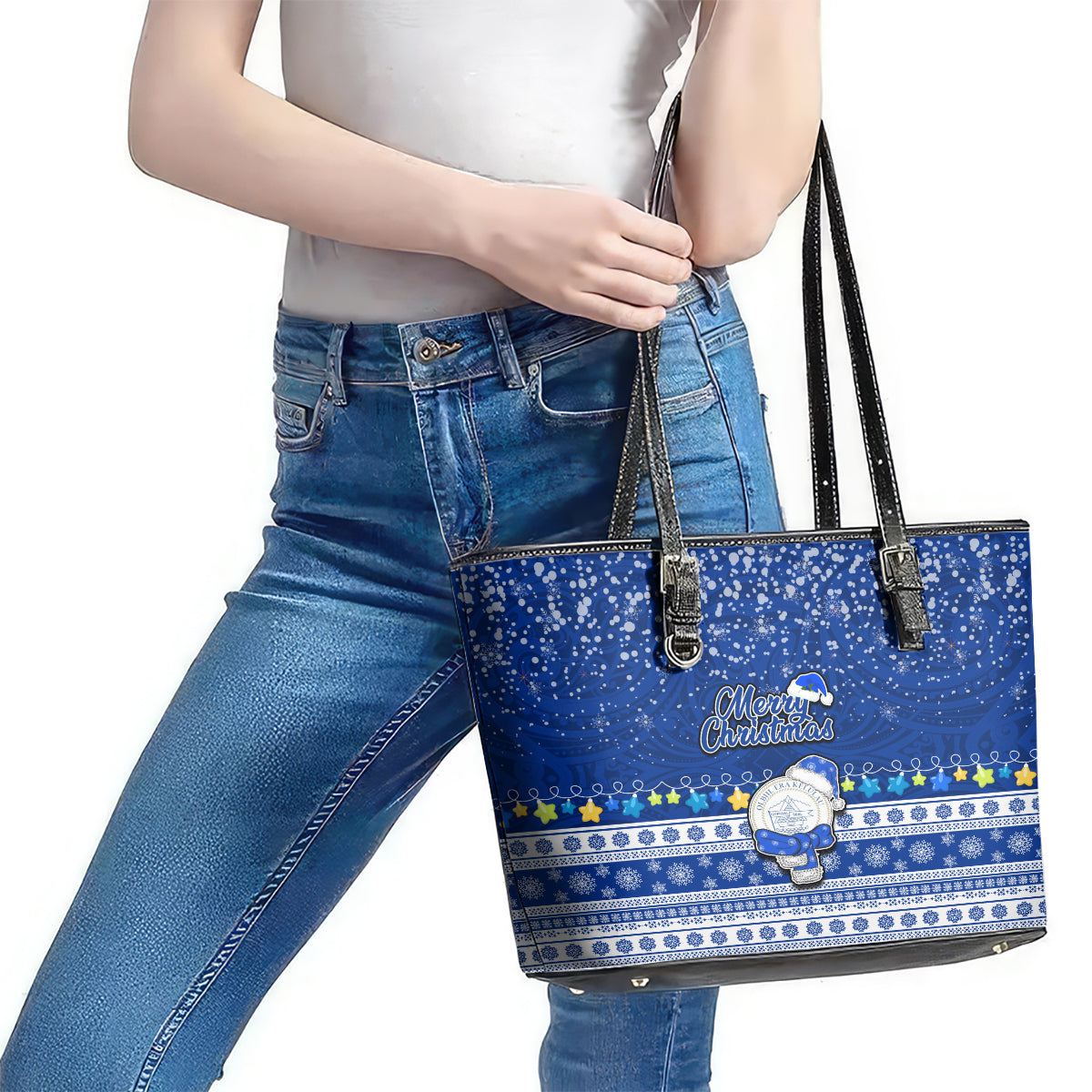 Palau Christmas Leather Tote Bag Snowman Hugs Palau Coat of Arms Maori Pattern Blue Style LT03 - Polynesian Pride
