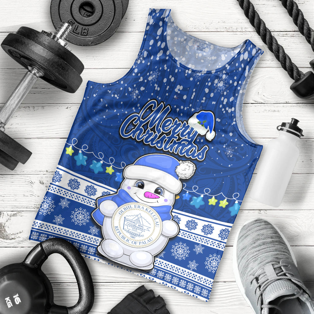 Palau Christmas Men Tank Top Snowman Hugs Palau Coat of Arms Maori Pattern Blue Style LT03 Blue - Polynesian Pride