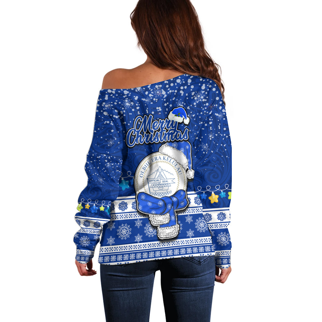 Palau Christmas Off Shoulder Sweater Snowman Hugs Palau Coat of Arms Maori Pattern Blue Style LT03 - Polynesian Pride