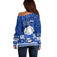 Palau Christmas Off Shoulder Sweater Snowman Hugs Palau Coat of Arms Maori Pattern Blue Style LT03 - Polynesian Pride