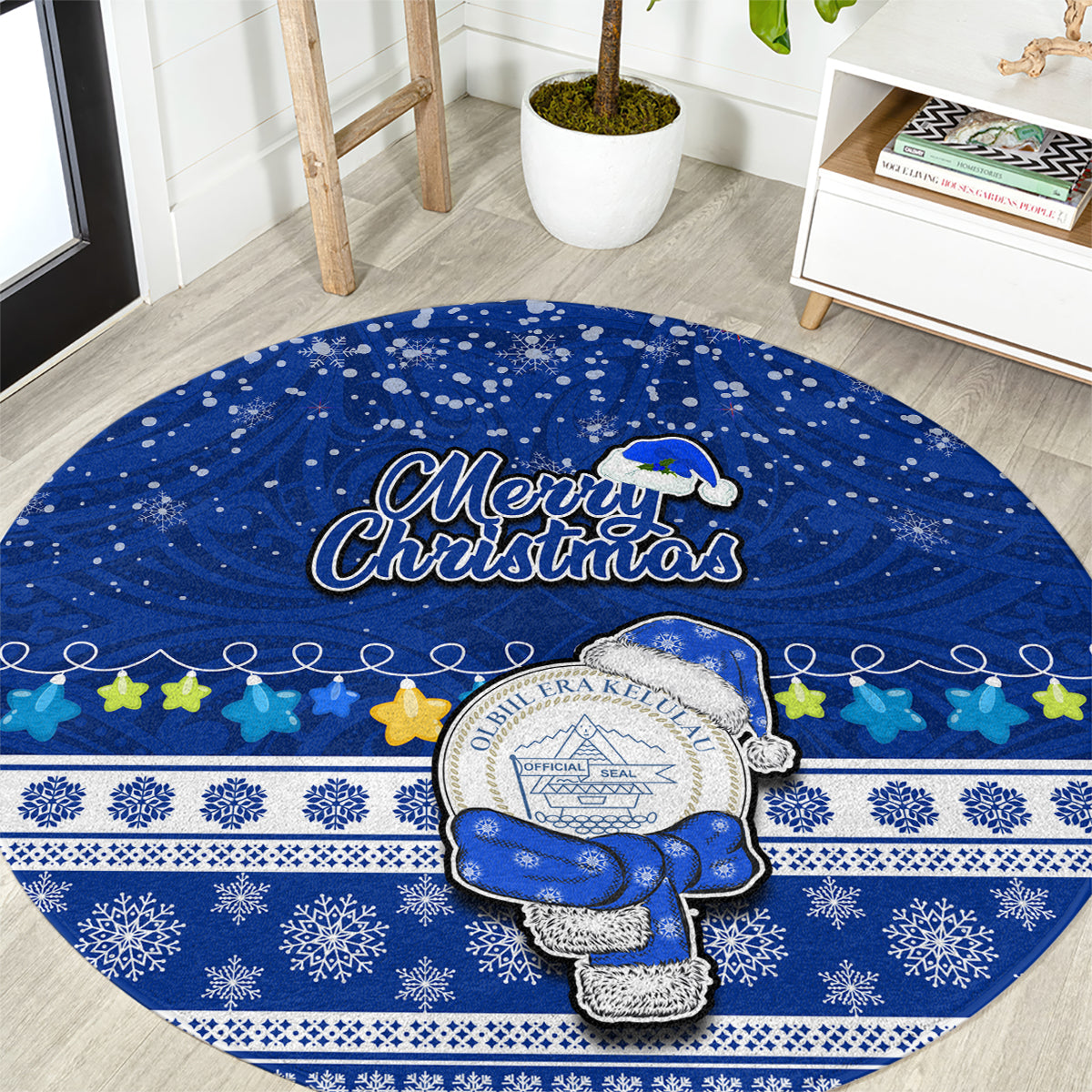 Palau Christmas Round Carpet Snowman Hugs Palau Coat of Arms Maori Pattern Blue Style LT03 Blue - Polynesian Pride