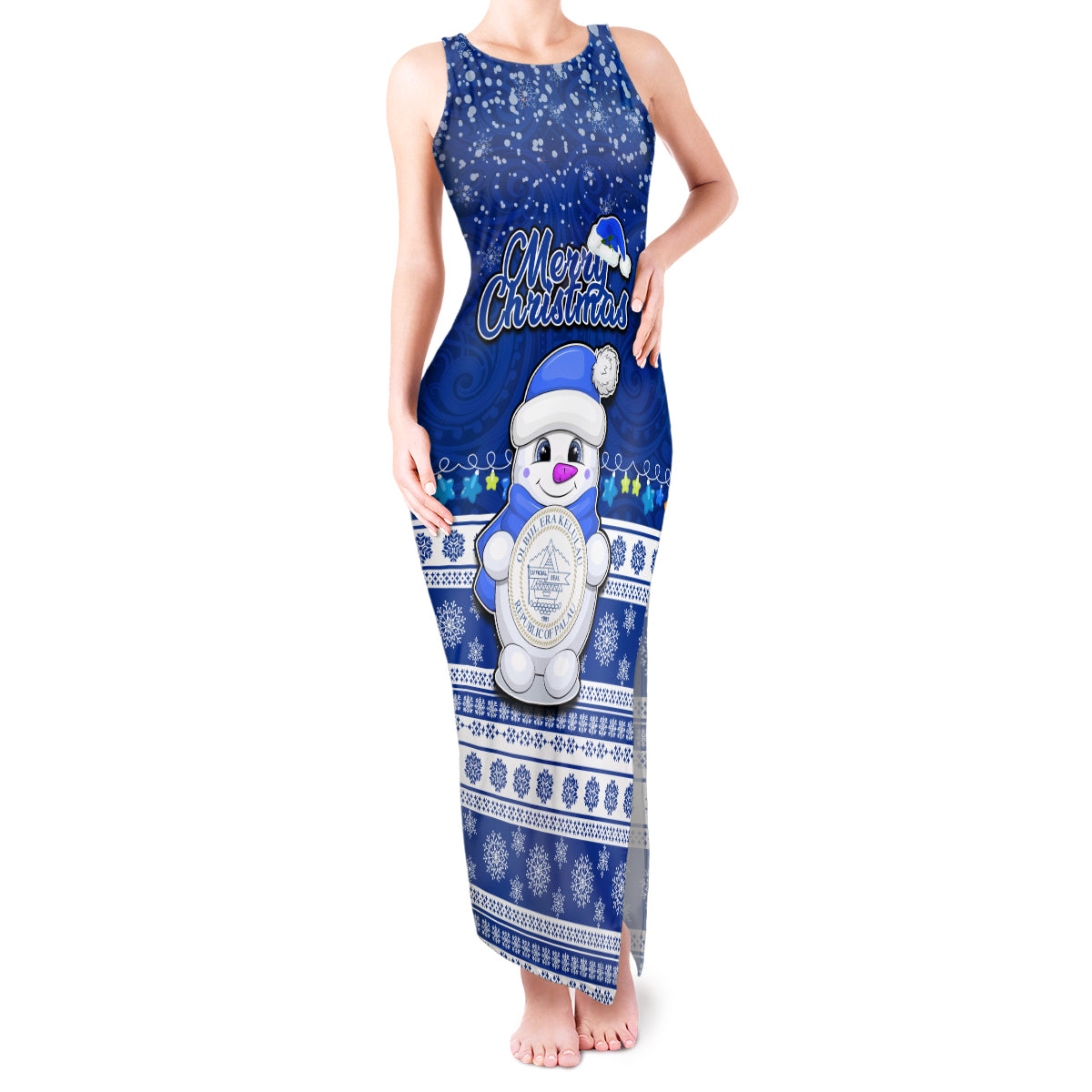 Palau Christmas Tank Maxi Dress Snowman Hugs Palau Coat of Arms Maori Pattern Blue Style LT03 Women Blue - Polynesian Pride