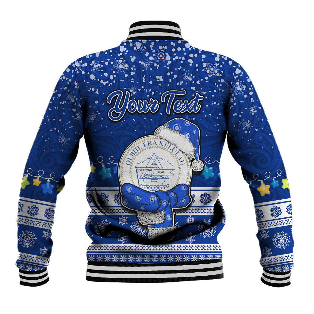 Personalised Palau Christmas Baseball Jacket Snowman Hugs Palau Coat of Arms Maori Pattern Blue Style LT03 - Polynesian Pride