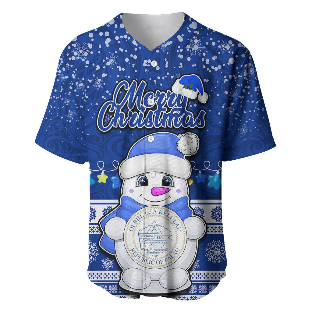 Personalised Palau Christmas Baseball Jersey Snowman Hugs Palau Coat of Arms Maori Pattern Blue Style LT03 Blue - Polynesian Pride