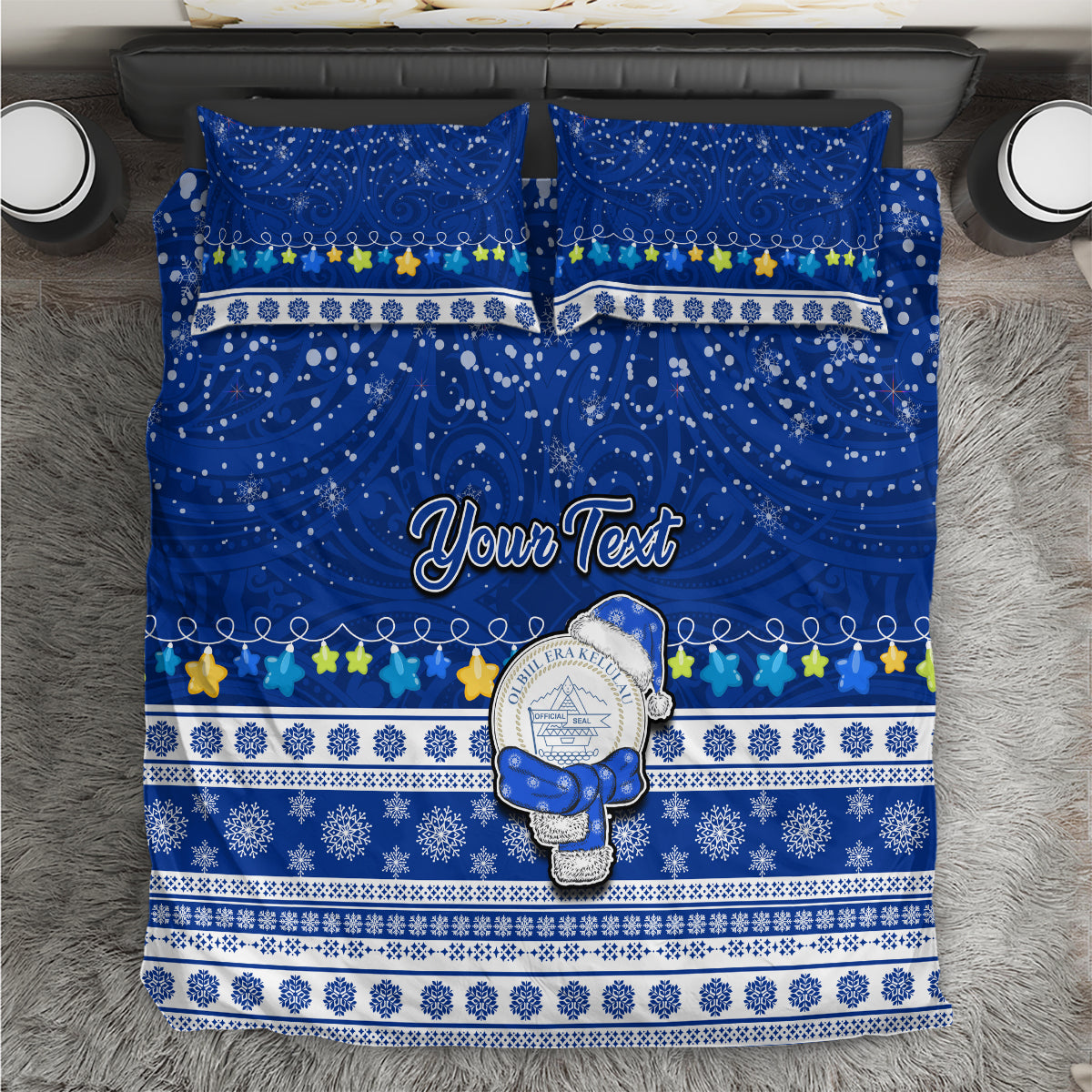Personalised Palau Christmas Bedding Set Snowman Hugs Palau Coat of Arms Maori Pattern Blue Style LT03 Blue - Polynesian Pride